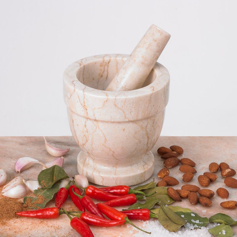 Creative Home Handcrafted Marble Mortar and Pestle Set | Heavy Duty Spice Grinder, Guacamole Bowl and Masher, Molcajete, Artisan Kitchen Tool for Herbs, Garlic, Nuts, 4x4 Inch - Image 2